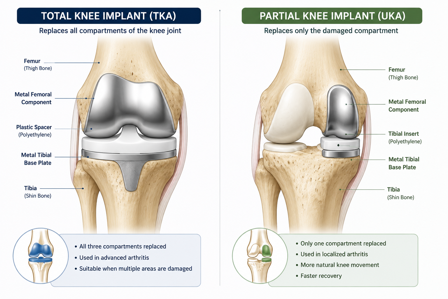 An anatomical diagram comparing a total knee implant vs a partial (unicompartmental) implant, side by side