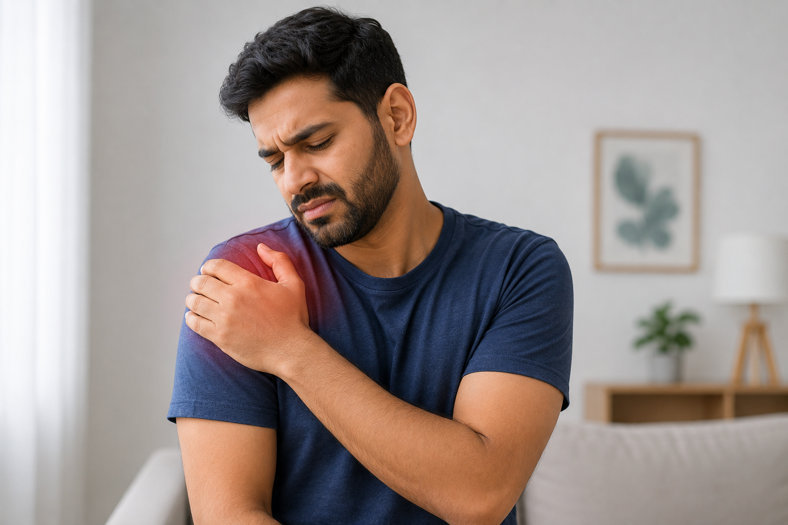 Person holding a stiff or painful shoulder