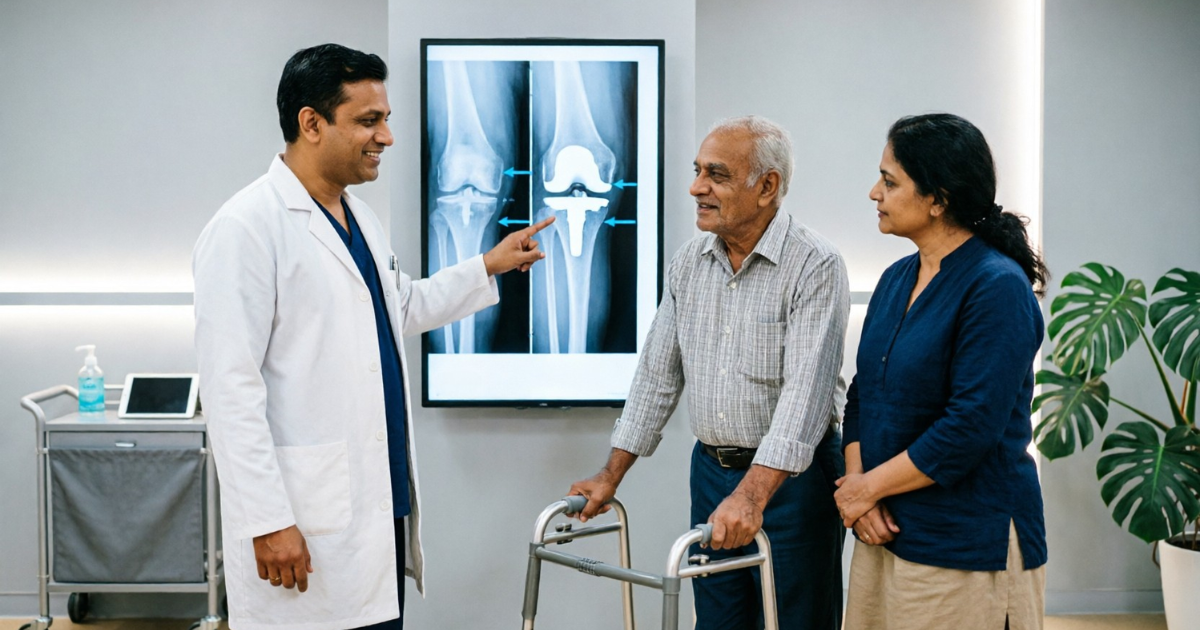 Reassuring consultation - surgeon explaining an X-ray to a patient and family
