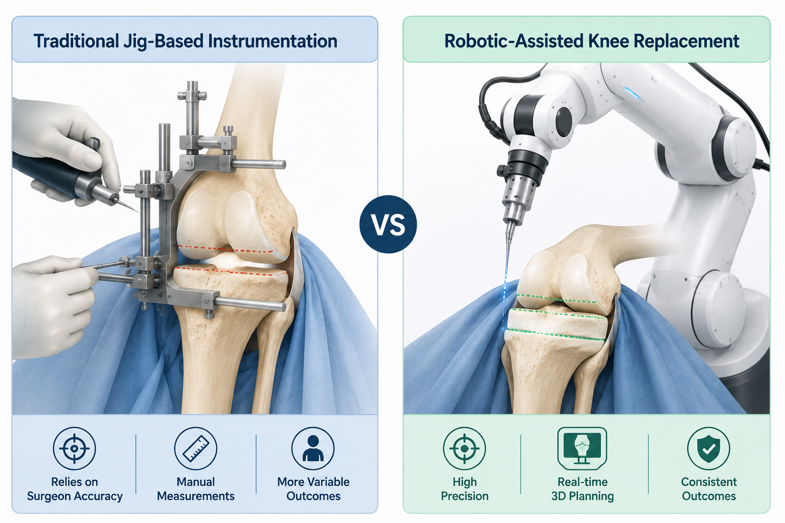 traditional jig-based instrumentation vs a robotic arm