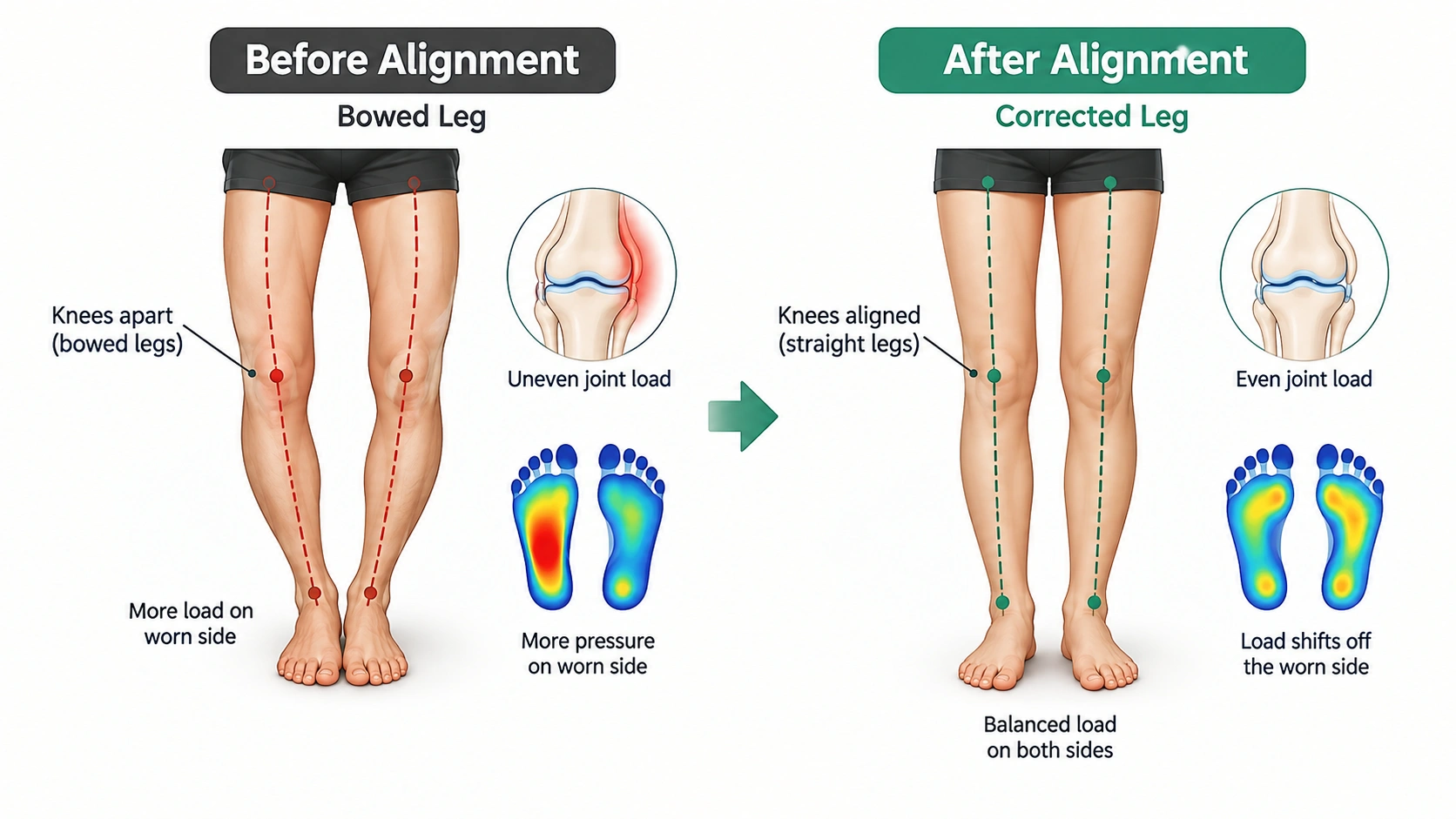Clear before-after alignment diagram - bowed leg vs corrected leg, load shifting off the worn side