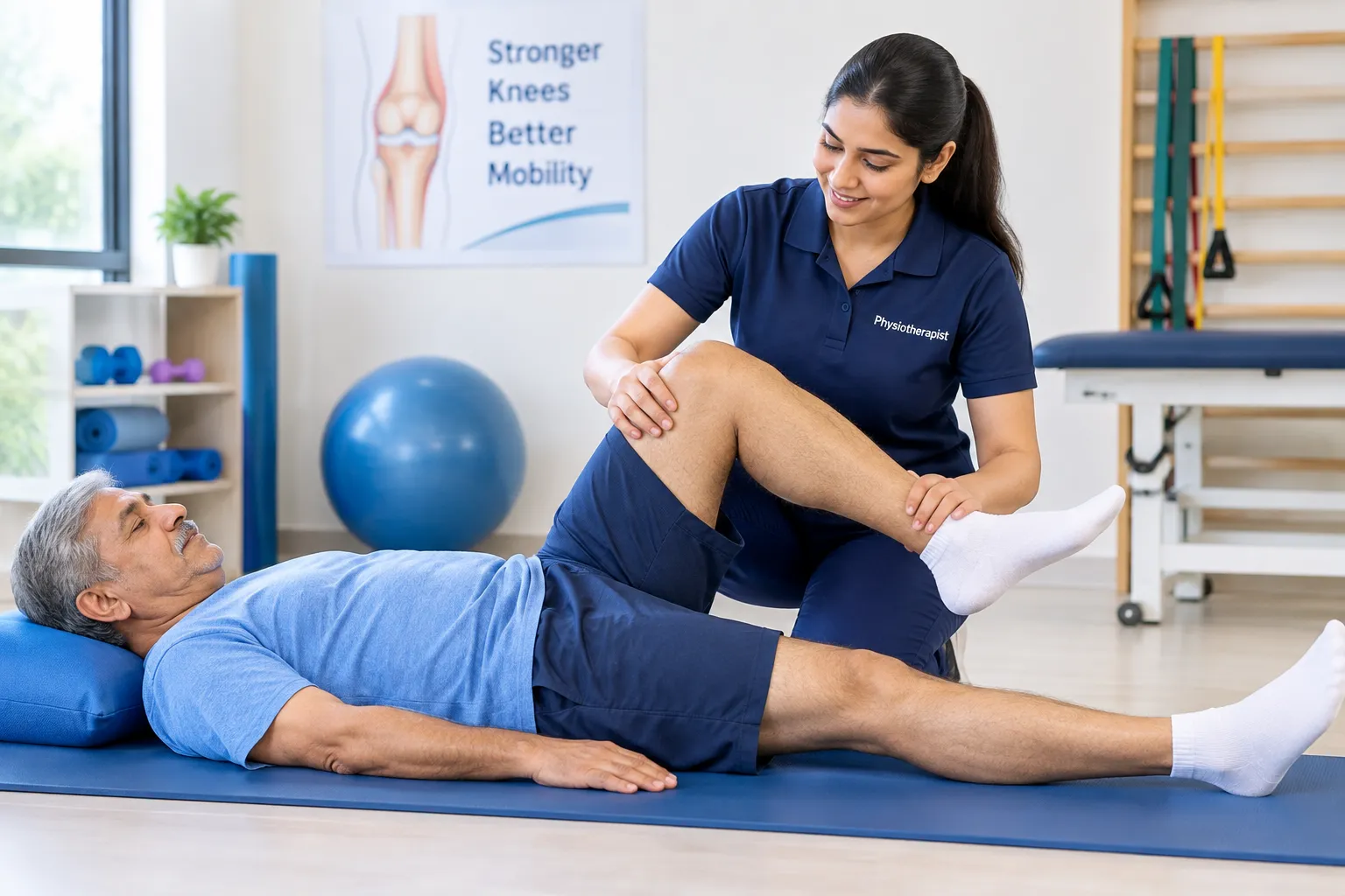 Physiotherapist working a knee-strengthening exercise
