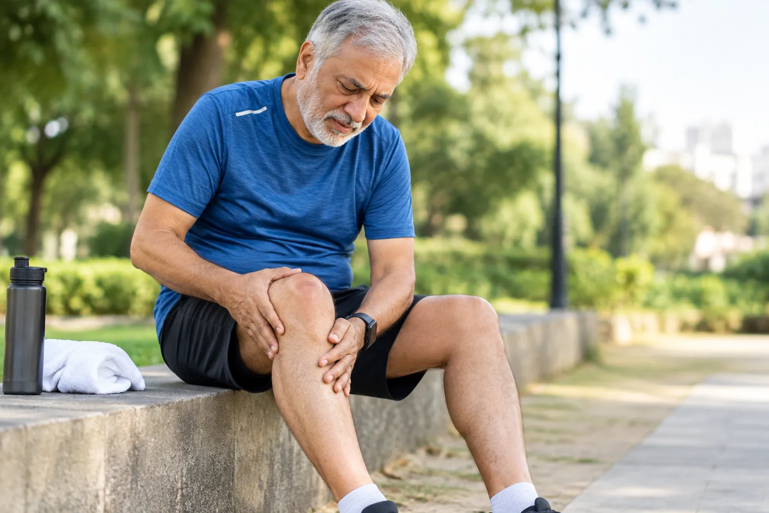 Older-but-active patient rubbing/holding the knee after activity